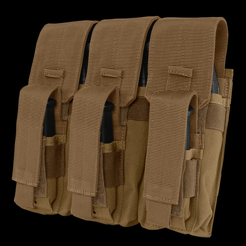 The Condor Triple AK Kangaroo Mag Pouch in tan securely holds three black magazines, each compartment featuring a flap and Velcro closure—ideal for law enforcement or EDC.